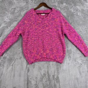 Main Strip Sweater Womens Large‎ Pink V-Neck Long Sleeve Knit Casual Pullover